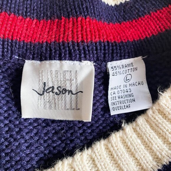 Vintage Jason Maxwell Red White and  Blue V Neck Wool Cotton Pullover L - Picture 2 of 6